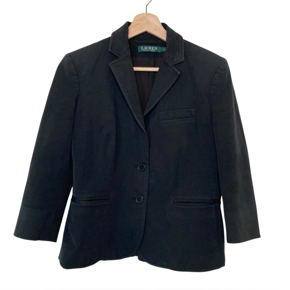 Ralph Lauren Women 8 Blazer Cotton Stretch Black Jacket Academia Preppy OldMoney